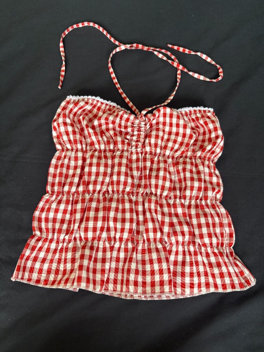 Edikted Red Gingham Smocked Lace‑Trim Cami Top – XS